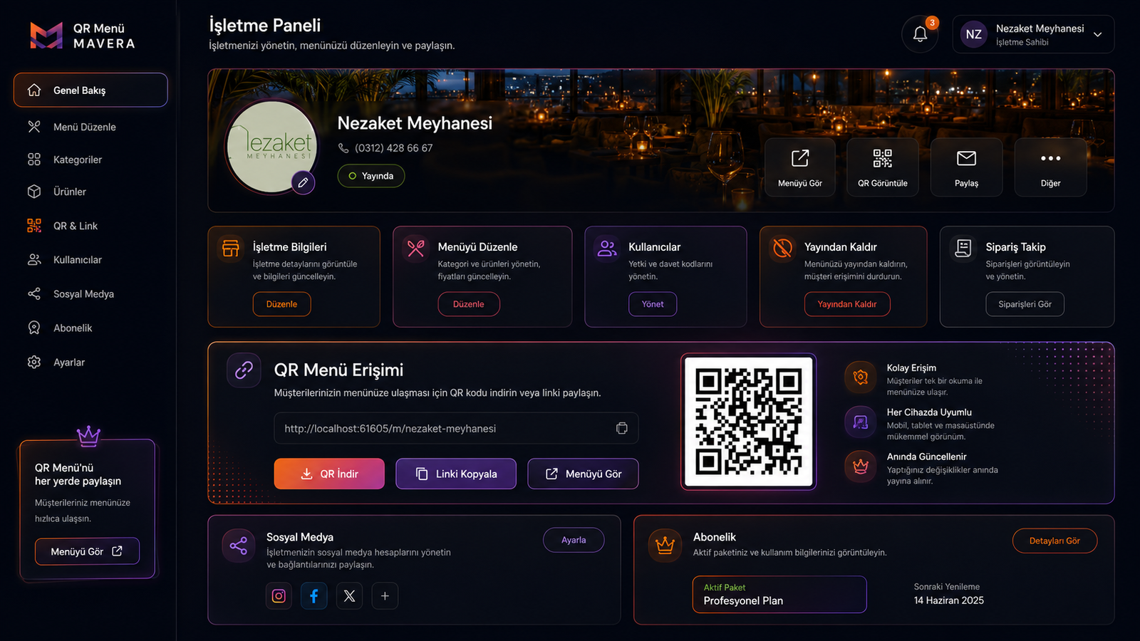 QR Menü Mavera işletme paneli ekran görüntüsü